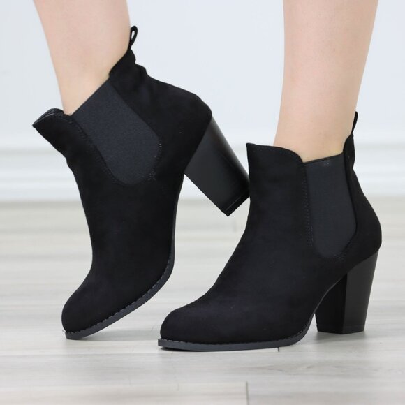 Womens Ankle Boots High Heel Black Elastic Gore Synthetic Suede Round Toe - Picture 1 of 10